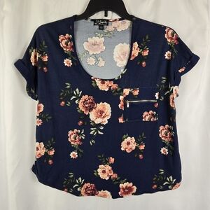 J For Justify Navy Blue Pink Rose Floral Cap Sleeve Scoop Neck Top Size Large